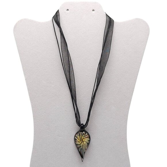 Handcrafted Black Glass Pendant Necklace With Yellow Floral On Sheer Ribbon Cord - Picture 1 of 7